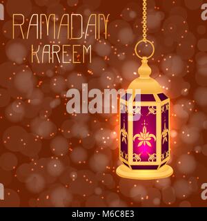 Ramadan Kareem. Konzept einer islamischen Feiertag. Lampe leuchtet. Auf braunem Hintergrund mit blur Stock Vektor