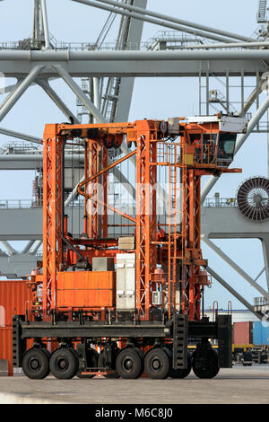 Straddle Carrier moving Cargo Container in einem Terminal. Stockfoto