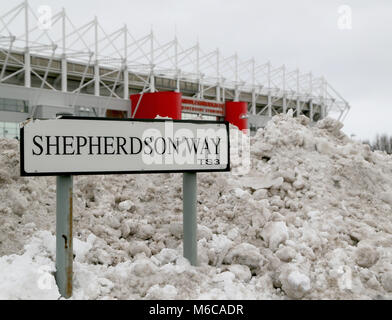 Shepherdson Weise Schild mit Schnee draussen Middlesbrough's Riverside Stadium vor dem Sky Bet Championship Match zwischen Middlesbrough und Leeds United. Stockfoto