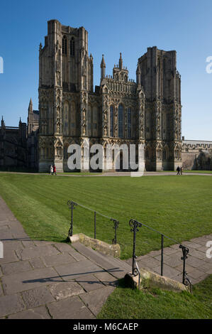 Wells Cathedral und Kathedrale Grün, Wells, Somerset, UK. Stockfoto