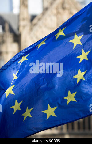 Fahne der Europäischen Union zu einem Laternenpfahl außerhalb Palast von Westminster von Pro-Europäische Union beigefügten Demonstranten gegen das Vereinigte Königreich aus der EU im Jahr 2019. Stockfoto