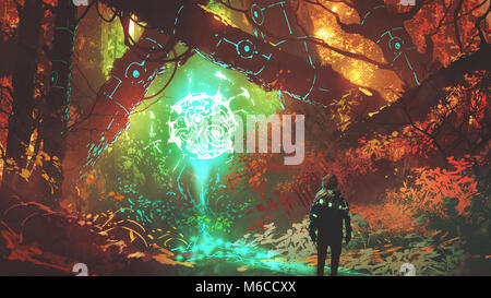 Mann an der glühenden futuristische Licht in die verzauberte roten Wald suchen, digital art Stil, Illustration Malerei Stockfoto