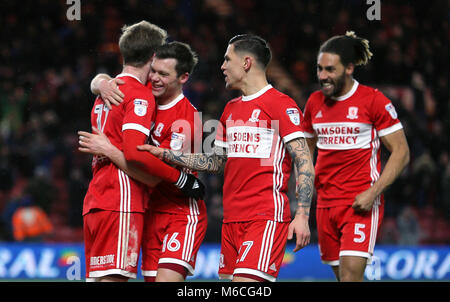 Middlesbrough Patrick's Bamford (links) feiert mit Jonny Howson, Muhammed Besic und Ryan Shotton während der Sky Bet Championship Match im Riverside Stadium, Middlesbrough. Stockfoto