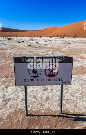 Zeichen und totes Kamel Dornen (Acacia Erioloba) vor der Sanddünen, Dead Vlei, Sossusvlei, Namib Wüste Stockfoto