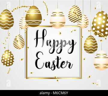 Frohe Ostern weißen Hintergrund mit bunten, gepunktet, gestreift gold Eier, Ostereiersuche für Kinder Vorlage, Layout. Vector Illustration. Design Layout für Stockfoto