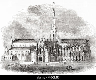 Old St Paul's Cathedral, London, England, wie es vor der Zerstörung der Turm während des Brandes von 1561 erschienen. Aus Old England: eine bildliche Museum, veröffentlicht 1847. Stockfoto