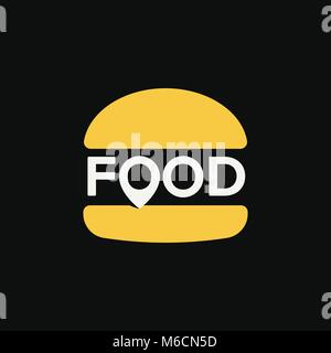Fast food Standort logo, minimale stilisierte burger Symbol, abstrakte Pin anmelden, Vector Illustration auf schwarzen Hintergrund. Stock Vektor