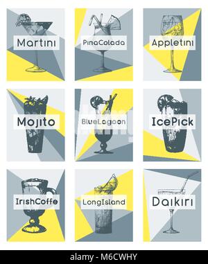 Hand Cocktails auf einzelnen Karten gezeichnet. Vector Illustration in Skizze Stil Stock Vektor