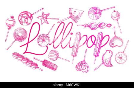 Das Plakat mit der Aufschrift "Lollipop". Hand verschiedene Süßigkeiten gezeichnet. Vector Illustration einer Skizze Stil. Stock Vektor
