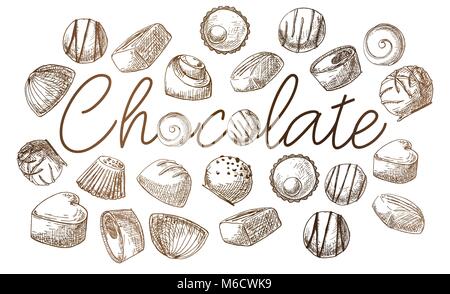 Das Plakat mit der Aufschrift Schokolade. Hand verschiedene Süßigkeiten gezeichnet. Vector Illustration einer Skizze Stil. Stock Vektor