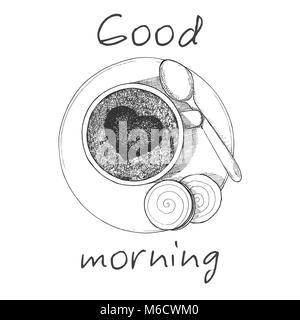Hand Tasse Kaffee die Draufsicht gezeichnet. Cup, zwei Kekse und ein Löffel von der Untertasse. Inschrift Guten Morgen. Vector Illustration einer Skizze Stil. Stock Vektor
