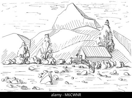 Hand Gebirgslandschaft gezeichnet. Haus auf dem Hintergrund der Berge. Vector Illustration einer Skizze Stil. Stock Vektor