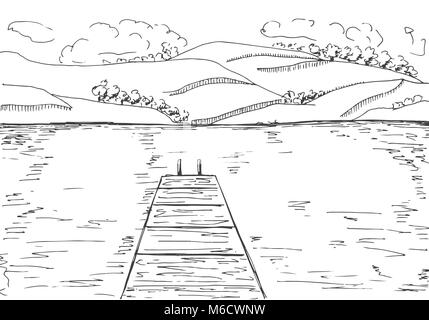 Fluss mit hölzernen Pier. Die Berge auf der anderen Seite des Sees. Vector Illustration einer Skizze Stil. Stock Vektor