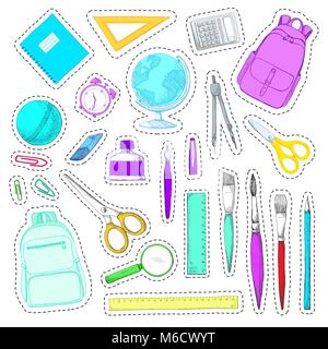 Satz Aufkleber. Hand gezeichnet andere Schulsachen auf weißem Hintergrund. Vector Illustration einer Skizze Stil. Stock Vektor