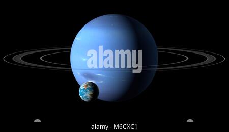 Bild vergleichen von der Größe der Erde (links) mit den Planeten Neptun. Neptun ist der äußerste Planet von der Sonne aus, mit einer durchschnittlichen Entfernung von 29,8-fache der Entfernung Erde-Sonne. Wird eine Flüssigkeit Welt der hauptsächlich Wasserstoff und Helium, reich an ices von Methan, Wasser und Ammoniak, Astronomen Label (zusammen mit Uranus) ein Eis Riesen. Mit einem Durchmesser von 3,9 mal die Erde, Neptun ist der viertgrößte Planet des Sonnensystems. Stockfoto