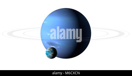Bild vergleichen von der Größe der Erde (links) mit den Planeten Neptun. Neptun ist der äußerste Planet von der Sonne aus, mit einer durchschnittlichen Entfernung von 29,8-fache der Entfernung Erde-Sonne. Wird eine Flüssigkeit Welt der hauptsächlich Wasserstoff und Helium, reich an ices von Methan, Wasser und Ammoniak, Astronomen Label (zusammen mit Uranus) ein Eis Riesen. Mit einem Durchmesser von 3,9 mal die Erde, Neptun ist der viertgrößte Planet des Sonnensystems. Stockfoto