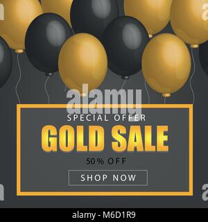 Verkauf Poster mit glänzenden Ballons auf dunklem Hintergrund mit goldenen, glitter Beschriftung und Rahmen Stock Vektor