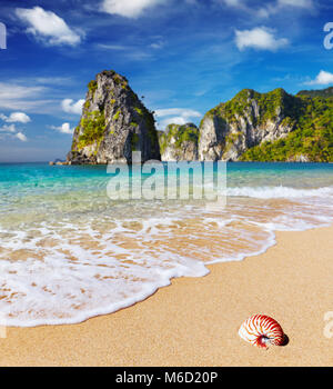 Tropischen Strand mit türkisblauen Siehe und blauer Himmel Stockfoto