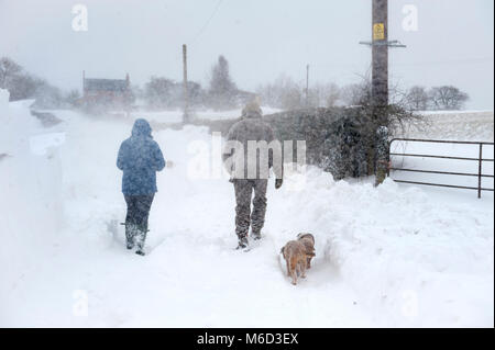 Herefordshire, UK. 2. März 2018. Die Straßen um das Dorf Little Cowarne in der Nähe von Bromyard in Herefordshire sind mit Schnee vom Sturm Emma blockiert, mit einigen Abweichungen bis etwa 6 ft. Abgebildet sind die Dorfbewohner versuchen, um das Dorf zu Fuß, um zu prüfen, dass die Nachbarn in Ordnung sind. Traktoren können durch die schneeverwehungen und das ganze Dorf ist von den wichtigsten Straßen Schnitt machen. Stockfoto
