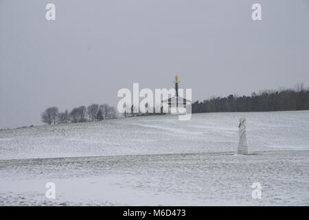 Great Linford, Milton Keynes, UK. 2. März, 2018. Schnee am Frieden Pagode, Willen, Milton Keynes, 2. März 2018 Stockfoto