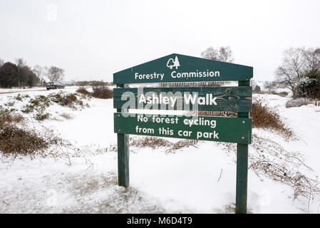 Ashley Spaziergang Parkplatz Schild mit Eiszapfen, Godshill, New Forest, Hampshire, UK, März 2018, Wetter: Sturm Emma Winter Schnee, Eis und gefährliche Gefrierender Regen. Stockfoto