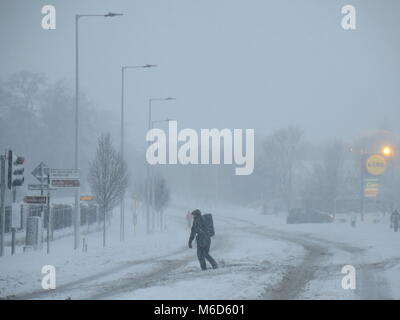 Dublin, Irland. 2. März, 2018. Ein Mann in schweren Winter Bekleidung Spaziergänge durch Artic wie starker Schneefall in Ballinteer, südlich von Dublin. Bild aus Dublin, Irland unter Status Rot Schlechte Wetterbedingungen während der bis zu Sturm Emma bauen. Met Eireann, der irischen Meteorologie, hat seine Schnee und Eis Warnung für die Ostküste Irlands erweitert. Credit: Brendan Donnelly/Alamy leben Nachrichten Stockfoto