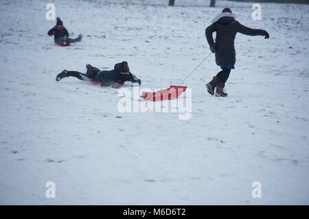 Primrose Hill, London. 2. März, 2018. Menschen Rodeln und Spaß im Schnee in Primrose Hill, London in den späten Nachmittag / Abend. 2. März 2018 Credit: Thomas Bowles/Alamy leben Nachrichten Stockfoto