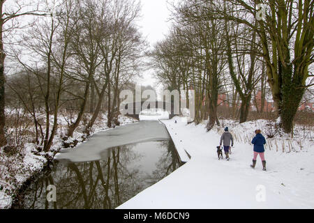 Leute, die ihre Hunde an der Seite der gefrorenen Coventry Canal in North Warwickshire, Großbritannien. Quelle: David Warren/Alamy leben Nachrichten Stockfoto