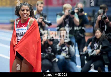 02 März 2018, Großbritannien, Birmingham: IAAF World Indoor Championships in der Leichtathletik, im 60 m-Finale der Frauen: Mujinga Kambundji der Schweiz feiert. Kambundji gewann die Bronzemedaille. Foto: Sven Hoppe/dpa Stockfoto