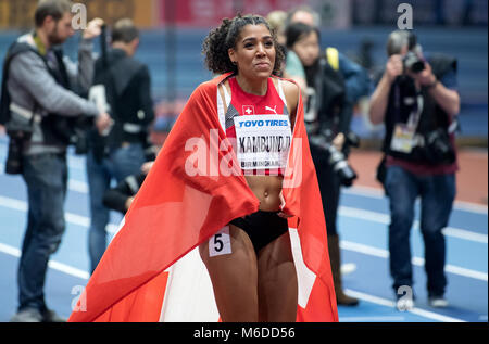 02 März 2018, Großbritannien, Birmingham: IAAF World Indoor Championships in der Leichtathletik, im 60 m-Finale der Frauen: Mujinga Kambundji der Schweiz feiert. Kambundji gewann die Bronzemedaille. Foto: Sven Hoppe/dpa Stockfoto