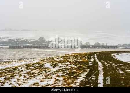 Der C2C-Eisenbahnzug führt durch den schneebedeckten Hadleigh Country Park und die Felder der Hadleigh Marshes an nebelhaltigen Wintertagen während des Ostwetterphänomens. Essex ländlich Stockfoto