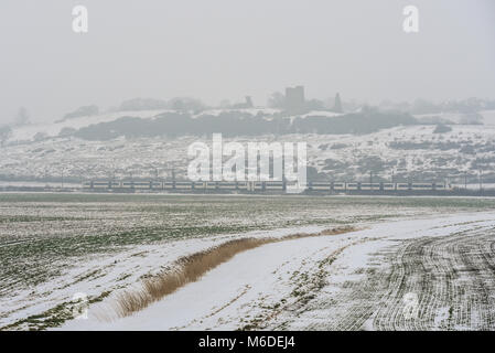 Der C2C-Eisenbahnzug führt durch den schneebedeckten Hadleigh Country Park und die Felder der Hadleigh Marshes mit Ruinen von Hadleigh Castle an nebelig winterlichen Tagen während des östlichen Wetterphänomens. Essex ländlich Stockfoto