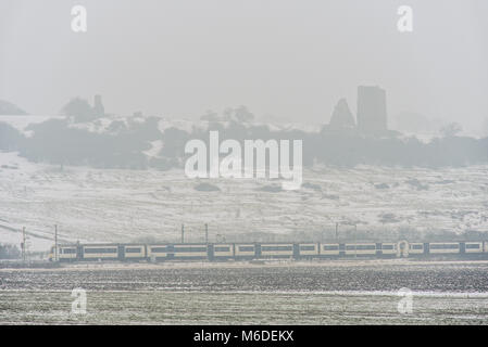 Der C2C-Eisenbahnzug führt durch den schneebedeckten Hadleigh Country Park und die Felder der Hadleigh Marshes mit Ruinen von Hadleigh Castle an nebelig winterlichen Tagen während des östlichen Wetterphänomens. Essex ländlich Stockfoto