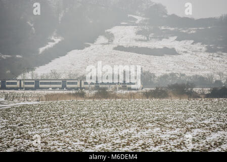 Der C2C-Eisenbahnzug führt durch den schneebedeckten Hadleigh Country Park und die Felder der Hadleigh Marshes an nebelhaltigen Wintertagen während des Ostwetterphänomens. Essex ländlich Stockfoto