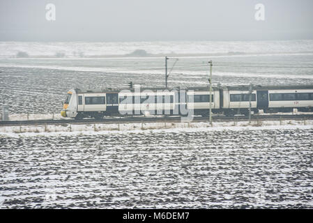 Der C2C-Eisenbahnzug führt durch den schneebedeckten Hadleigh Country Park und die Felder der Hadleigh Marshes an nebelhaltigen Wintertagen während des Ostwetterphänomens. Essex ländlich Stockfoto