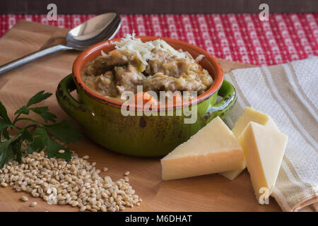 Wärmen Sie sich von innen heraus. Herzhaftes, Hausgemachtes Rindfleisch, Gerste und Gemüse sind ein Traum. Stockfoto