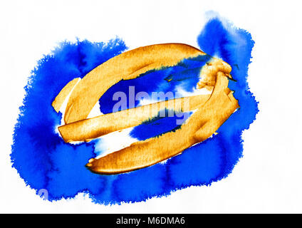 Blau, gelb und braun Acryl und Aquarell Malerei Kunst auf Papier Textur, abstrakten Hintergrund, planschen, Farbe, Tinte, drop, Beize Stockfoto