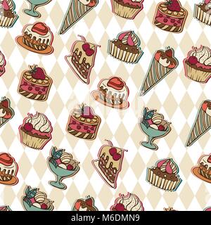 Vector Hintergrund mit Kuchen im Retro-Stil. Nahtlose Muster Stock Vektor