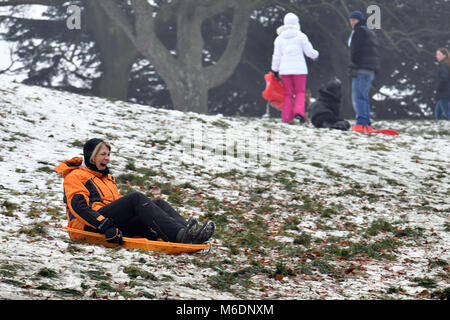 Die Leute spielen mit ihren Schlitten im Greenwich Park East London als das kalte Wetter um das Land geht weiter. Stockfoto