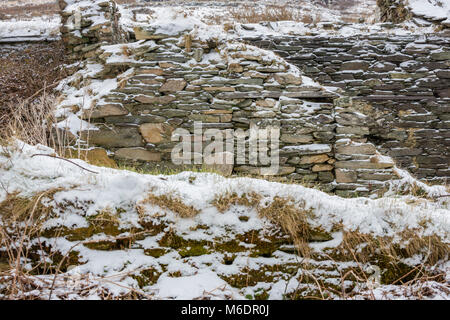 Alten, verlassenen Landhaus aus Stein im Schnee während der Sturm Emma auf Valentia Island, County Kerry, Irland. Stockfoto