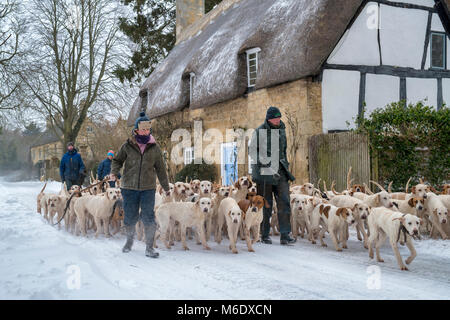 North cotswolds jagen Hunde, die im Winterschnee an reetgedeckten Hütten vorbeigelaufen sind. Broadway, Cotswolds, Worcestershire, England Stockfoto