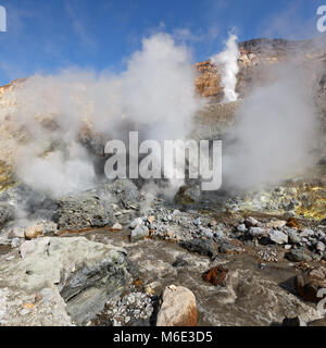 Landschaft Sommer vulkanische Landschaft von Kamtschatka: Erdwärme, vulkanische Aktivität im Krater des aktiven Vulkan, heiße Quellen, Fumarolen im thermischen Bereich Stockfoto