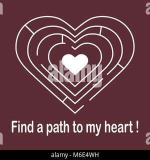 Labyrinth auf das Herz und die Inschrift finden Sie den Weg zu meinem Herzen. Design für Banner, Poster oder Drucken. Grusskarte Valentinstag. Stock Vektor