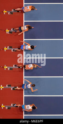 Gesamtansicht der Teilnehmer in der 60-Meter-Halle Frauen Hürden Hitze 1 am zweiten Tag der IAAF Indoor World Championships 2018 in der Arena Birmingham. DRÜCKEN SIE VERBANDSFOTO. Bilddatum: Freitag, 2. März 2018. Siehe PA Story Athletics Indoor. Bildnachweis sollte lauten: Simon Cooper/PA Wire Stockfoto