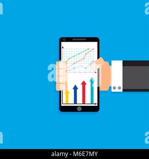 Mann smart phone mit Tabelle und Grafik. Smartphone Diagramm Diagramm für Business, Telefon Mobiltelefon mit infochart und Diagramm finanzielle. Vektor illustrati Stock Vektor