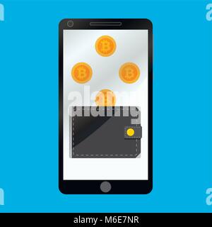 Wallet für Crypto bitcoin im Smartphone isoliert. Persönliche Brieftasche bitcoin auf Telefon, Vektor Technologie Währung Abbildung Stock Vektor