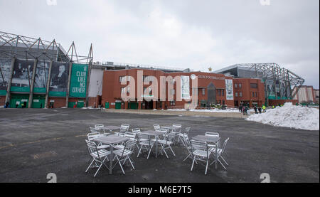 Schnee außerhalb der Boden vor der William Hill Scottish Cup, Viertel Finale von Celtic Park, Glasgow. Stockfoto