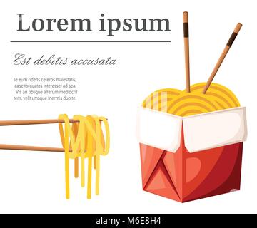 Das chinesische Restaurant entfernt Konzept. Red Food Box mit Nudeln und Sticks. Vector Illustration mit Platz für Ihren Text isoliert auf weißem Hintergrund. Web site Seite und mobile App Design Stock Vektor