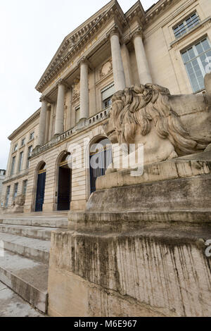 Stadt Châlons-en-Champagne, Frankreich. Malerische Ansicht eines Löwen Skulptur, mit der Mairie de Châlons-en-Champagne Hotel De Ville im Hintergrund. Stockfoto