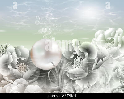 Pearl Hintergrund mit Perlmutt rosa glänzenden Perle unter Aqua und Green Ocean ripples mit konzeptionellen Seegras-abstrakten Perle dekorative backgro Stockfoto